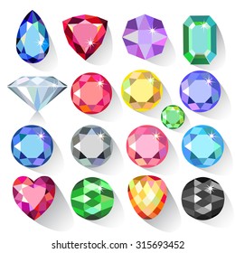 Flat Style Long Shadow Set Of Colored Gems Isolated On White Background, Vector Illustration