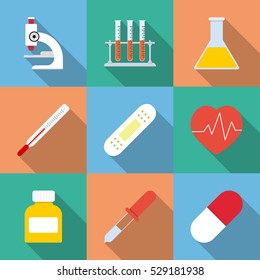 Flat style with long shadows, medicine illustrations icons set.