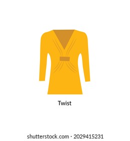 Flat style long-sleeve twist blouse vector illustartion. Cartoon style simple twist tunic vector icon isolated on white background. Trendy yellow long sleeved v-neck blouse for women. Clothes icon