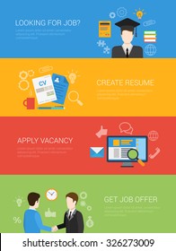 Flat Style Looking For Job Offer Create Resume Apply Vacancy Website Banner Infographic Icon Set. Graduate Diploma Get Recommendation Partnership Handshake. Web Infographics Collection.