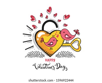 Flat Style Loving Birds Couple with Heart Lock and Key on White Background for Happy Valentine's Day Celebration Concept.