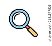 A flat style magnifying glass icon on a White Background, with light blue frame and orange handle.