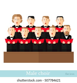 Flat style male choir in two raws with black suits and red cover notes on white