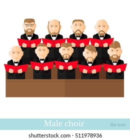Flat style male choir in two raws with black suits and red cover notes on white background