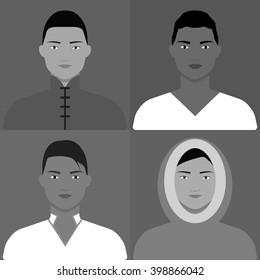 Flat style male icons. Ethnic nationalities. Grayscale men in national costumes. Traditional clothes. Black and white vector people avatar set.