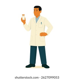 Flat style male scientist or pharmacist with medicine jar – vector illustration for lab work, healthcare, and medical science