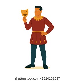 Ator de teatro masculino de estilo plano segurando máscara de comédia - ilustração vetorial para performance de palco, drama e artes cênicas