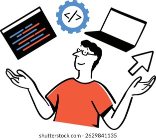A flat style man building UI and app interfaces, surrounded by gear icons, HTML tags, and screen mockups.