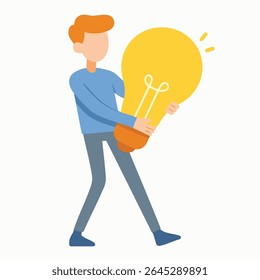 Flat Style Man Carrying a Big Lightbulb Illustration Representing Idea Concept
