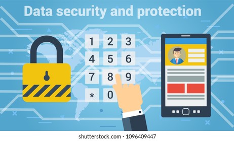 Flat style of man entering password for getting access to data under security protection. Vector web banner