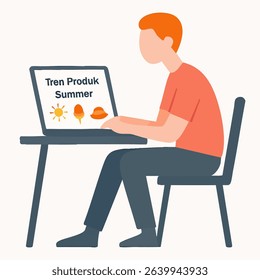 Flat Style Man at Laptop Displaying Summer Season Elements Icon Design