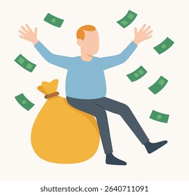 Flat Style Man with Money Bag and Cash Illustration for Wealth and Success