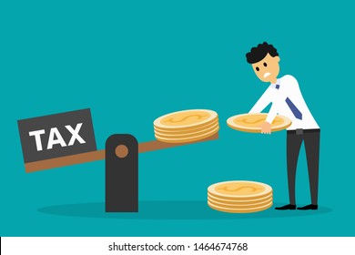 Flat style of man putting coins on scales with tax card trying to payout charge on blue background