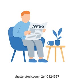 Flat Style Man Reading Newspaper In Comfort, News Publication Illustration