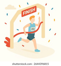 Flat Style Man Running Passing The Finish Line Celebration Illustration