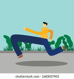 Flat style man is running somewhere for he is late. Procrastination problem concept in modern style.
