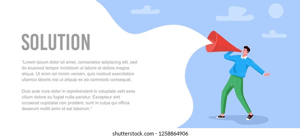 Flat style, A man shouting in a big paper trumpet with business plan, vector illustration