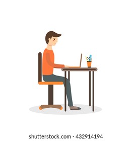 Flat style man sitting on the chair with laptop on the table. Background with typing boy