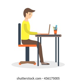 Flat style man, student sitting on the chair with laptop on the table and writing his dissertation. Background with typing boy