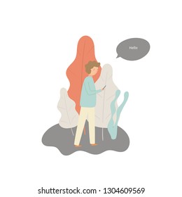 Flat style man texting with smartphone surrounded with trees and dialog bubble. Boy in park with text space background