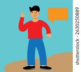 Flat Style Man Waving Hand with Speech Bubble on Colorful Background