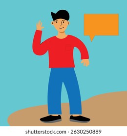 Flat Style Man Waving Hand with Speech Bubble on Colorful Background
