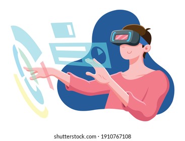 Flat style man wearing virtual reality glasses doing data analysis cartoon illustration