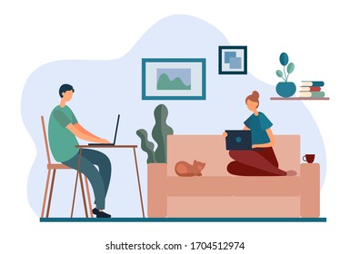 Flat style of man working on laptop at table and woman with netbook sitting on couch. Husband and wife working from home during quarantine. Social media campaign and coronavirus prevention