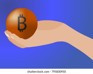 Flat style man's hand holds the ball with the bitcoin symbol on it. Symbol of support, backing, crush of a bitcoin  currency