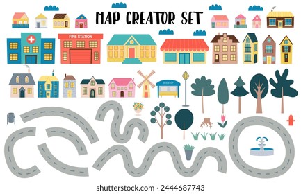 Conjunto de creador de mapas de estilo plano para diseño infantil. Lindo Vector creador de mapas con casas y árboles.