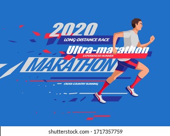 Flat style marathon banner design with energetic runner on blue background