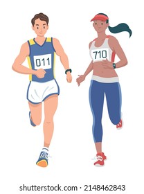 Flat Style Marathon Runner Couple Cartoon Illustration