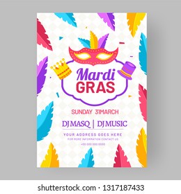 Flat style mardi gras party template or flyer design with colorful party mask and feathers illustration.