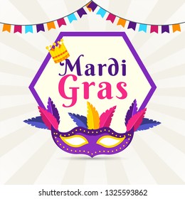 Flat style mardi gras poster design with party mask and bunting flags decorated on rays background.