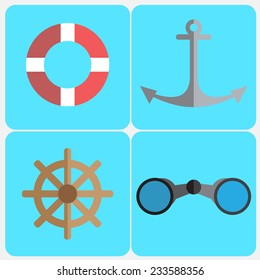 Flat style marine icons: lifebuoy, steering wheel, binoculars, anchor.