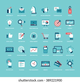 Flat Style Marketing Icon Set. Business, Seo, Online, Offline, Digital Marketing, Video Marketing, Social Media Illustrations. 