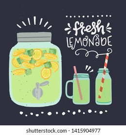 Flat style mason jars with cooling drinks and lettering inscription Fresh lemonade on dark background. Refreshing beverage with ice cubes and orange slices. Drink dispenser and two glasses with straws
