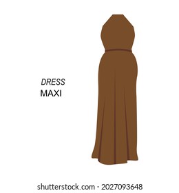 Flat Style Maxi Dress Vector illustartion. Cartoon Style Brow Sleeveless Dusty Long Prom Dress vector icon isolated on white background. Simple Night-Out Long Dress. Modern boat neck dress pictogram