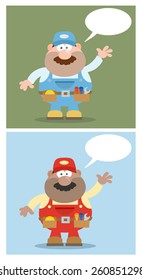 Flat Style Mechanic Cartoon Character Waving For Greeting.  Vector Collection Set 