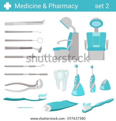 Flat style medical dental hospital equipment icon set. Dentist seat, toothbrush, toothpaste, tooth, mirror, forceps. Medicine pharmacy collection.