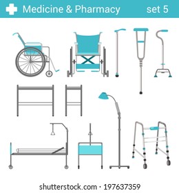 Flat style medical hospital disabled equipment icon set. Bed, wheelchair, crutches. Medicine pharmacy collection.