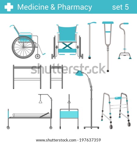Flat style medical hospital disabled equipment icon set. Bed, wheelchair, crutches. Medicine pharmacy collection.