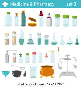 Flat style medical pharmaceutical bottles glasses containers scales icon set. Medicine pharmacy collection.