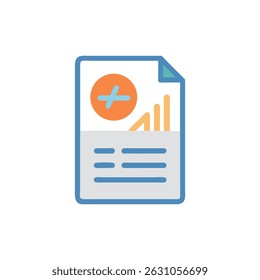 A flat style medical report icon showing data analysis. Depicting a plus sign, graphs, and text within a document.