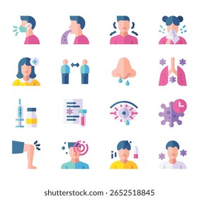 Flat style medical symptom and virus diagnosis icons showing cough, fever, fatigue, sore throat, infection, and treatment. Ideal for infographics, UI, and healthcare awareness content.