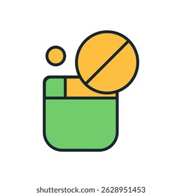 Flat style medicine icon showing pill bottle with round tablets in green and yellow colors