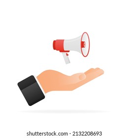 Flat style megaphone in hand. Hand hold megaphone. Vector flat illustration