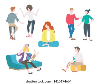 Flat style men and women relax in different way like talking, playing, meditating vector illustration 
