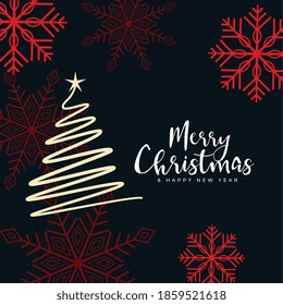 flat style merry christmas tree and snowflakes background
