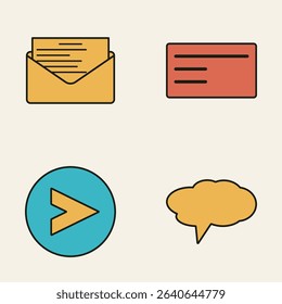 Flat Style Messaging and Communication Icons Including Yellow Open Envelope, Red Card, Blue Play Button, and Yellow Speech Bubble